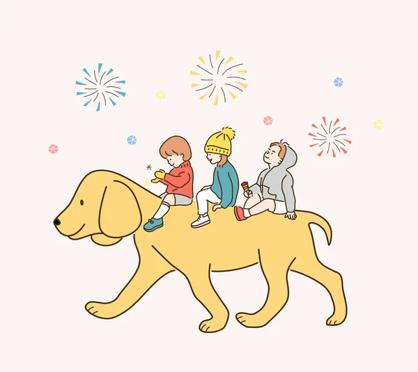 Niños Lindos Están Montando Perro Grande Ilustraciones Diseño Vectores Estilo — Vector de stock