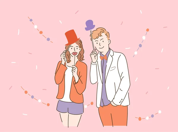 Couple Qui Fait Fête Tenant Illustration Chapeau Mignon Illustrations Design — Image vectorielle