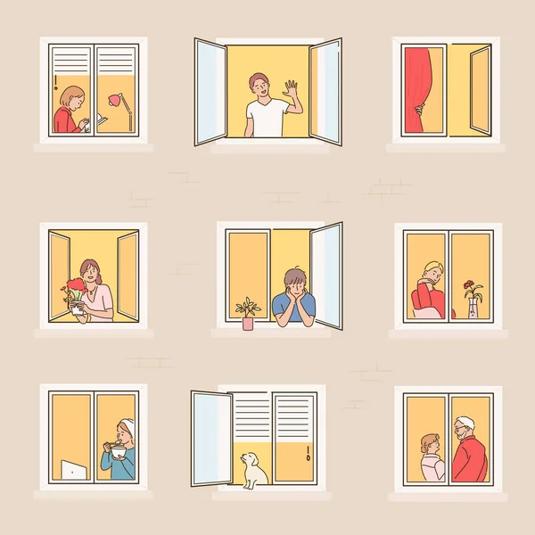 Nachbarn Durch Das Fenster Gesehen Handgezeichnete Stil Vektor Design Illustrationen — Stockvektor