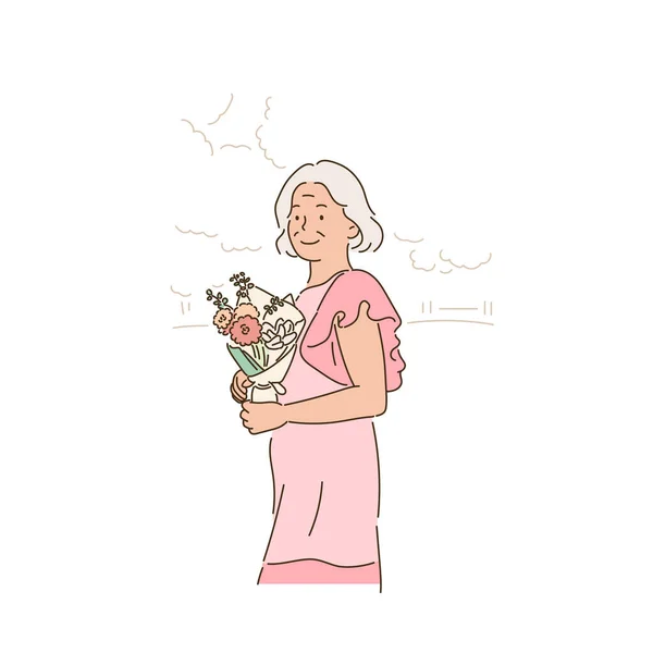 Пожилая Женщина Стоит Красивом Платье Держит Цветы Ручные Рисунки Векторного — стоковый вектор