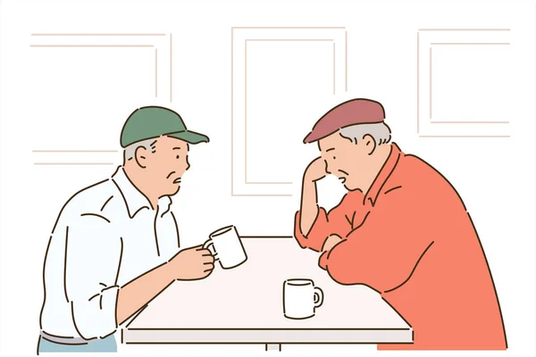 Twee Vrienden Zitten Tegenover Elkaar Aan Tafel Drinken Koffie Praten — Stockvector