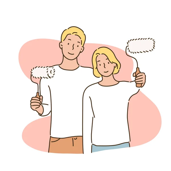 Couple Tient Debout Avec Rouleau Peinture Dans Les Mains Illustrations — Image vectorielle