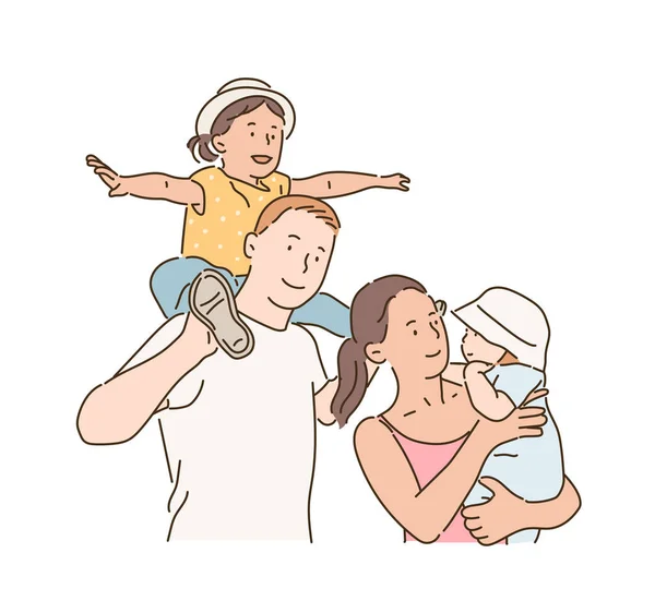 Vriendelijke Familie Met Schattige Kinderen Handgetekende Stijl Vector Ontwerp Illustraties — Stockvector