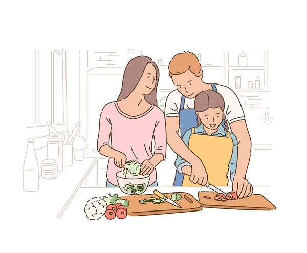 Father Mother Daughter Lovingly Cooking Hand Drawn Style Vector Design — Stock Vector