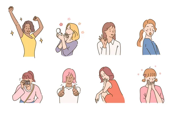 Des Visages Mignons Jolis Femmes Illustrations Design Vectoriel Style Dessiné — Image vectorielle