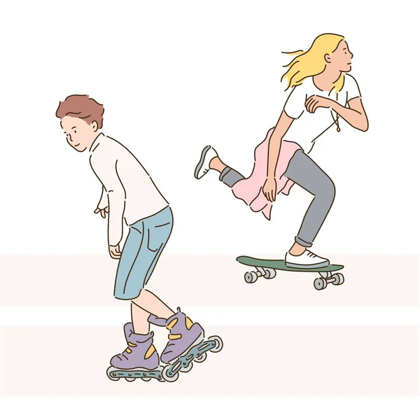 一个女人骑滑板 一个男人骑内联 手绘风格矢量设计图解 — 图库矢量图片