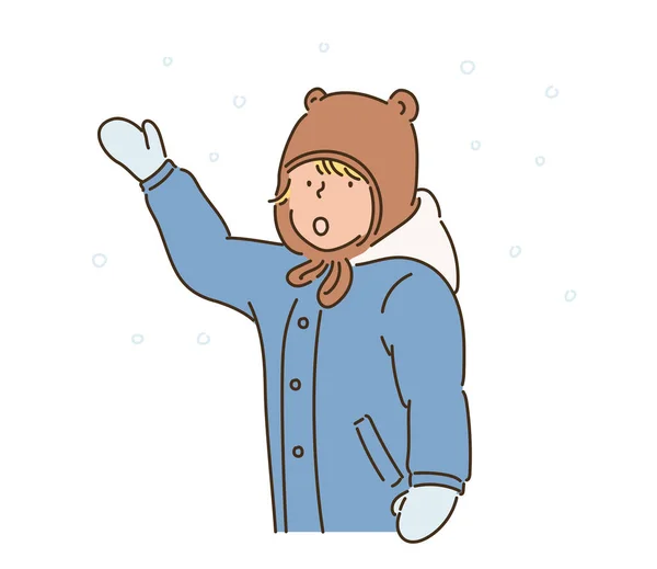 Ένα Αγόρι Ένα Χαριτωμένο Καπέλο Αρκούδας Προσπαθεί Πιάσει Χιόνι Ζωγραφισμένες — Διανυσματικό Αρχείο