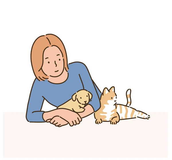 Una Mujer Sostiene Perro Pequeño Gato Ilustraciones Diseño Vectores Estilo — Vector de stock