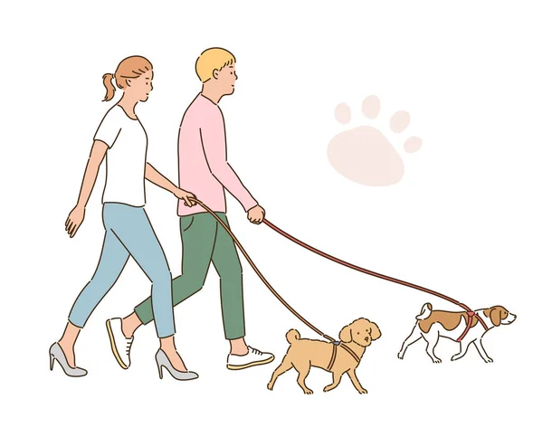 Mann Und Frau Gehen Mit Hund Spazieren Handgezeichnete Stil Vektor — Stockvektor
