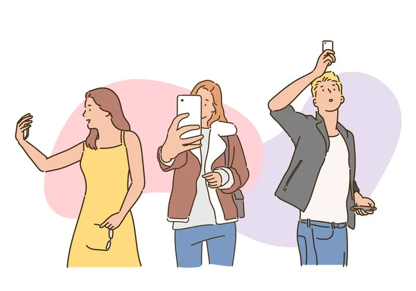 Mensen Nemen Selfies Met Hun Telefoon Handgetekende Stijl Vector Ontwerp — Stockvector