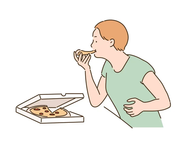 Vista Lateral Mujer Comiendo Pizza Ilustraciones Diseño Vectores Estilo Dibujado — Archivo Imágenes Vectoriales