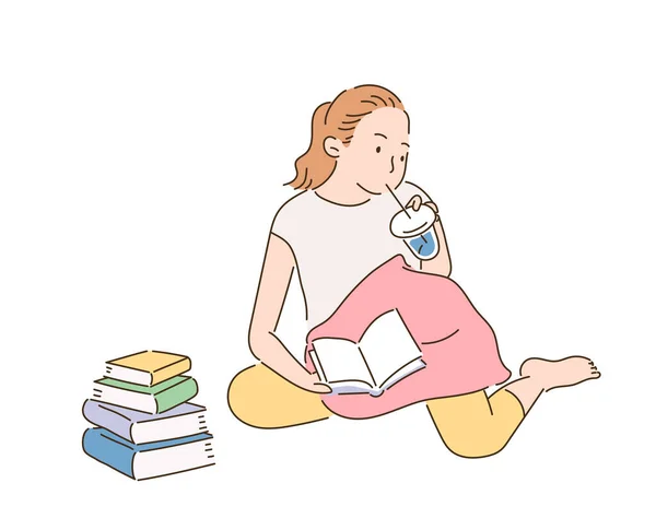 Een Meisje Leest Een Boek Met Een Stapel Boeken Drinkt — Stockvector