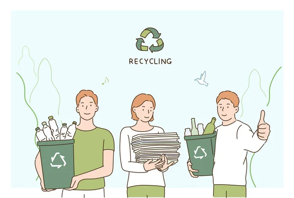 環境活動家はリサイクル可能な廃棄物で立っている 手描きのベクターデザインイラスト — ストックベクタ