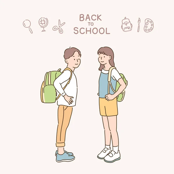 Two Students Backpacks Looking Back Hand Drawn Style Vector Design — Stock Vector