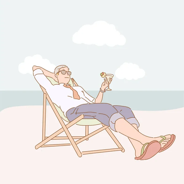 シャツを着たビジネスマンがビーチに座ってカクテルを飲んでいるのを想像しています 手描きのベクターデザインイラスト — ストックベクタ