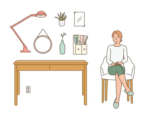 椅子やインテリアのアクセサリーに座っている女性 手描きのベクターデザインイラスト — ストックベクタ
