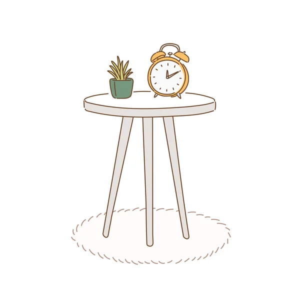 時計とサボテンの小テーブルの上に植木鉢 手描きのベクターデザインイラスト — ストックベクタ