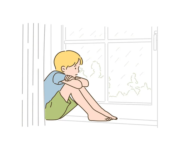 一个男孩坐在窗边看着雨 手绘风格矢量设计图解 — 图库矢量图片