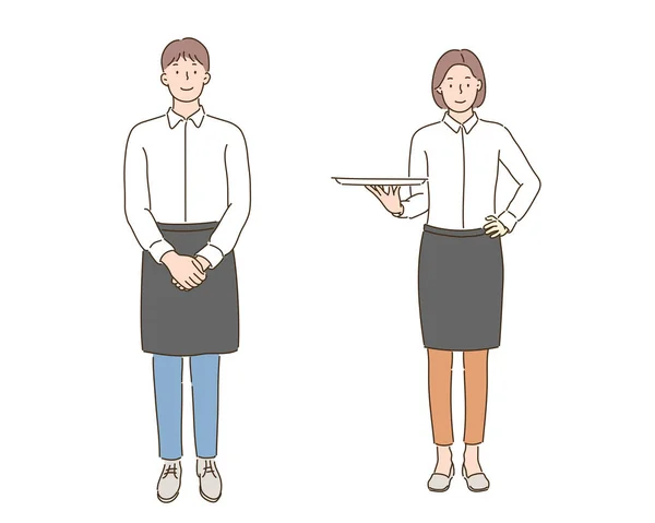 Camerieri Cameriere Grembiule Nero Illustrazioni Disegno Vettoriale Stile Disegnato Mano — Vettoriale Stock
