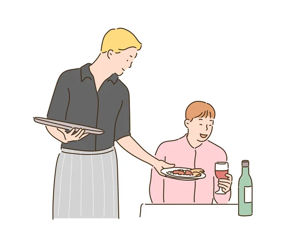 Homme Boit Vin Dans Restaurant Serveur Sert Nourriture Illustrations Design — Image vectorielle
