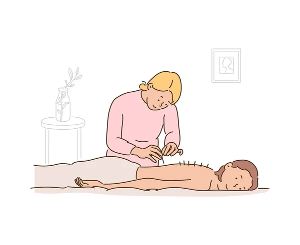 Patient Receiving Acupuncture Treatment Oriental Clinic Hand Drawn Style Vector — Stock Vector