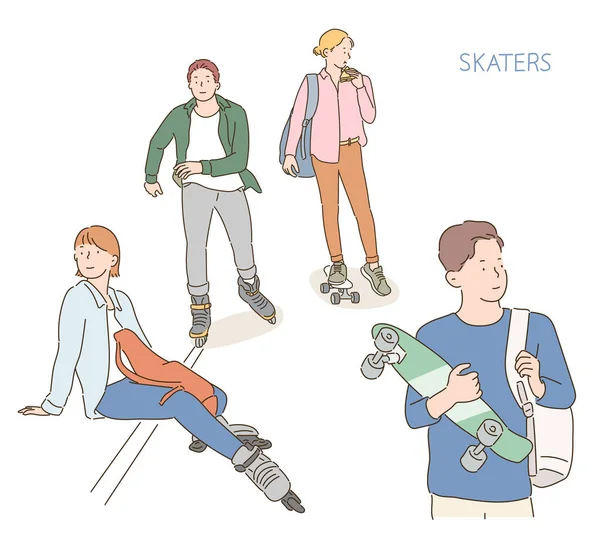 Gente Moviéndose Patinetas Línea Ilustraciones Diseño Vectores Estilo Dibujado Mano — Vector de stock