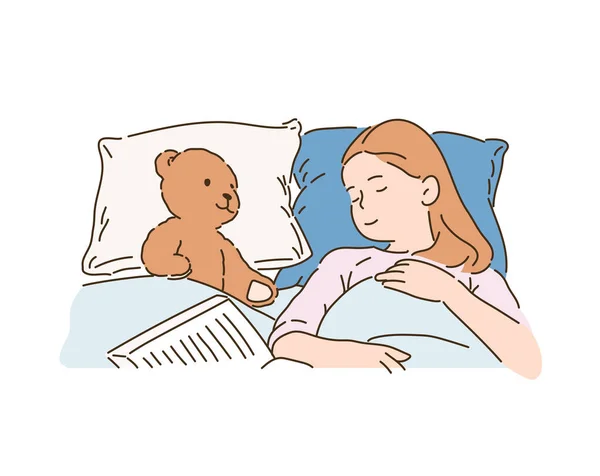 Nettes Kleines Mädchen Schläft Bett Mit Einem Teddybär Handgezeichnete Stil — Stockvektor