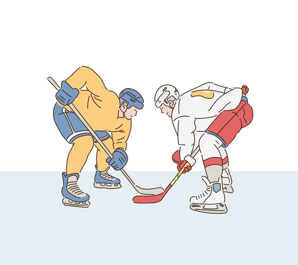 2人のアイスホッケー選手がホッケースティックで向かい合っています 手描きのベクターデザインイラスト — ストックベクタ