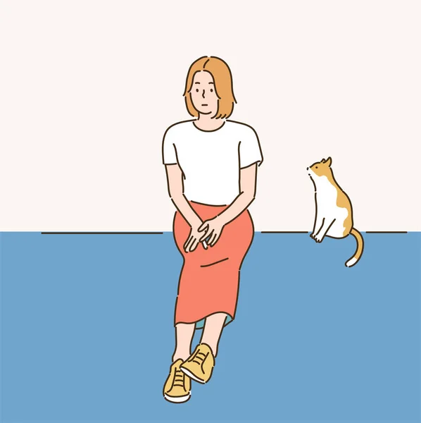 一个女人坐在那里思考 一只小猫咪在她旁边看着她 手绘风格矢量设计图解 — 图库矢量图片