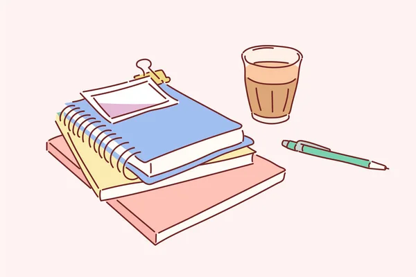 Los Cuadernos Están Apilados Escritorio Tazas Café Bolígrafos Están Ilustraciones — Vector de stock