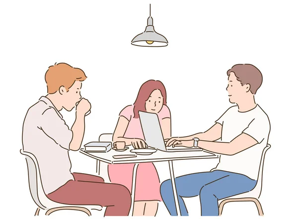 Tres Personas Están Sentadas Alrededor Una Mesa Teniendo Una Reunión — Vector de stock