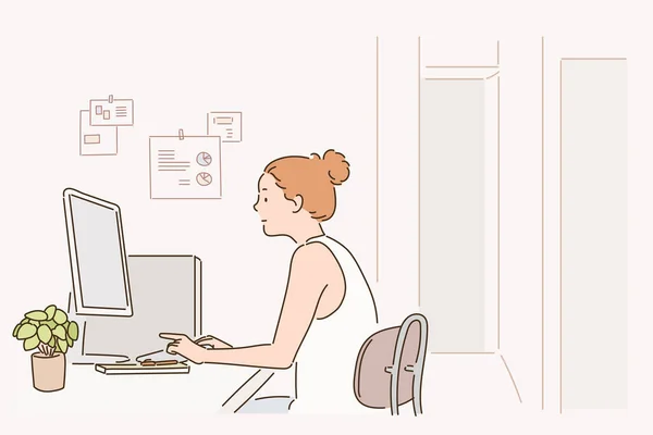 Stolu Sedí Žena Pracuje Počítači Ručně Kreslený Styl Vektorové Konstrukce — Stockový vektor
