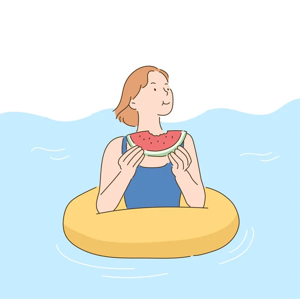 女性は海の中の管の上でスイカを食べる 手描きのベクターデザインイラスト — ストックベクタ