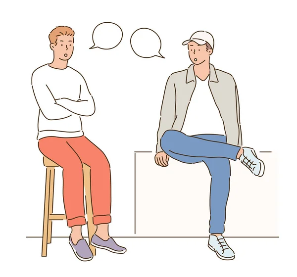 Deux Hommes Sont Assis Sur Une Chaise Parlent Illustrations Design — Image vectorielle