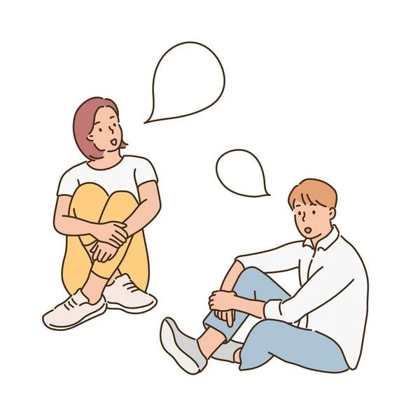 二人の男と女が床に座って話している 手描きのベクターデザインイラスト — ストックベクタ