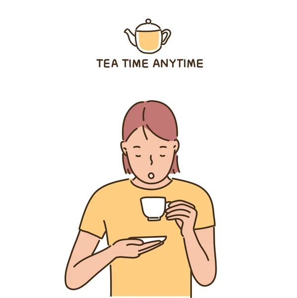 Μια Γυναίκα Πίνει Τσάι Ένα Φλυτζάνι Τσάι Στο Ένα Χέρι — Διανυσματικό Αρχείο