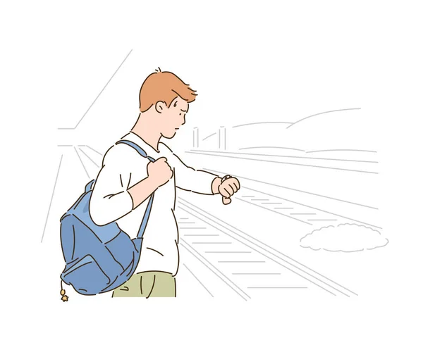 Hombre Está Mirando Reloj Mientras Espera Metro Ilustraciones Diseño Vectores — Vector de stock