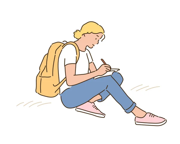 Μια Γυναίκα Σακίδιο Κάθεται Στο Πάτωμα Και Γράφει Ένα Σημειωματάριο — Διανυσματικό Αρχείο