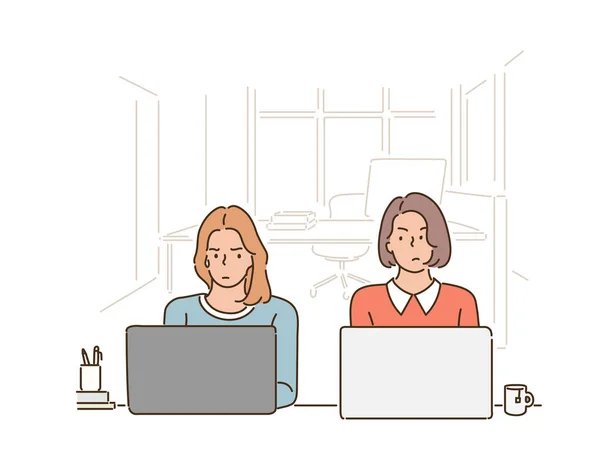 Dvě Ženy Sedí Bok Boku Kavárně Nepohodlně Sebe Dívají Používají — Stockový vektor