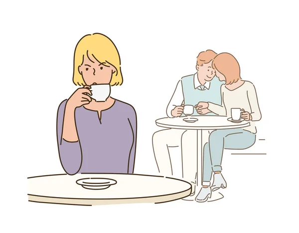 Uma Mulher Está Bebendo Café Com Uma Expressão Irritada Atrás —  Vetores de Stock