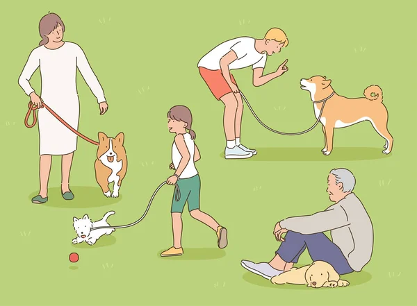 Gente Está Paseando Con Perro — Vector de stock