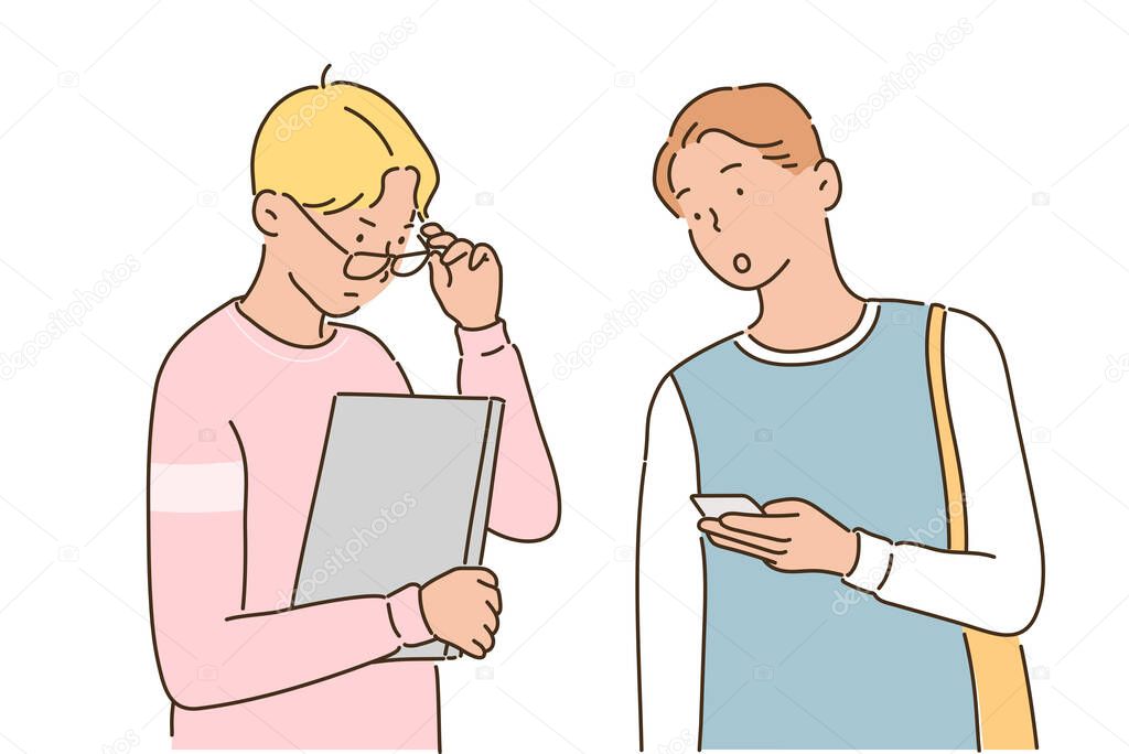 Two male students are having a conversation with a laptop and a mobile phone in their hands. hand drawn style vector design illustrations.