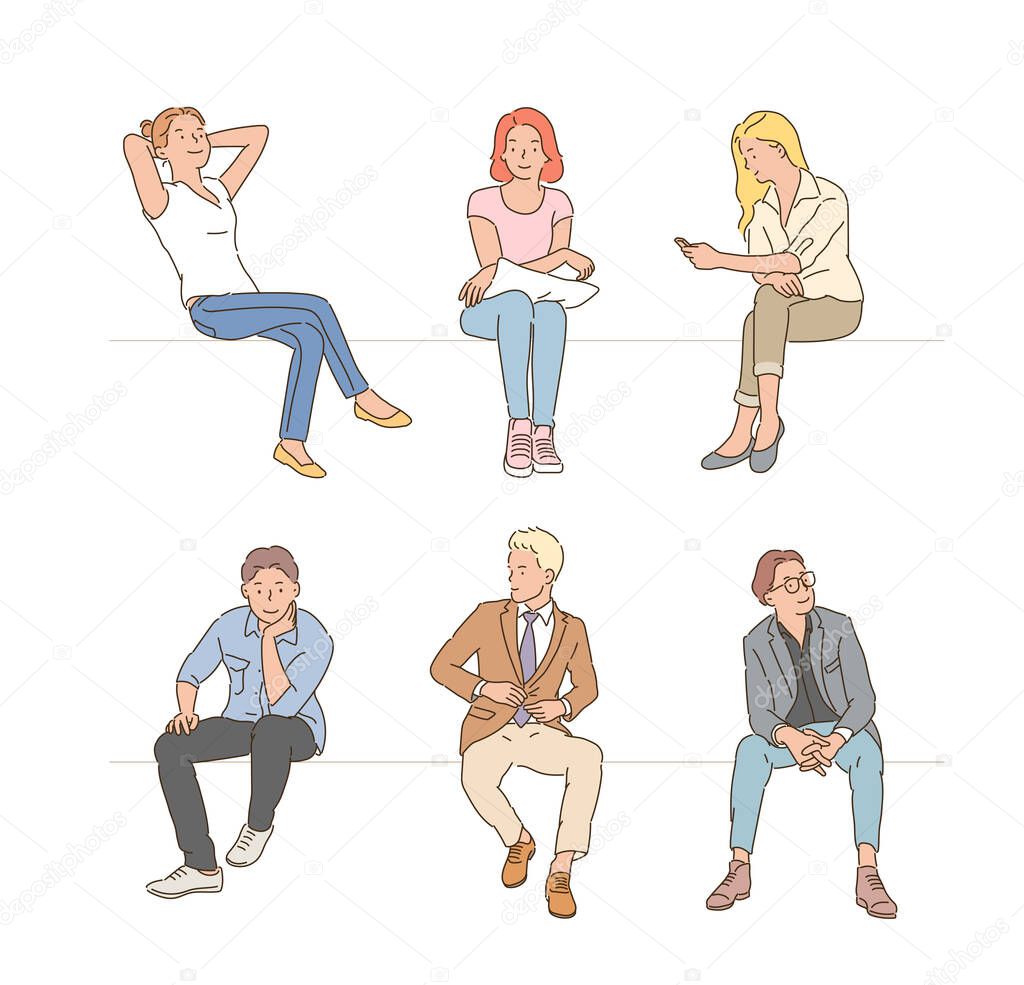 Diverse people sitting in chairs. hand drawn style vector design illustrations.