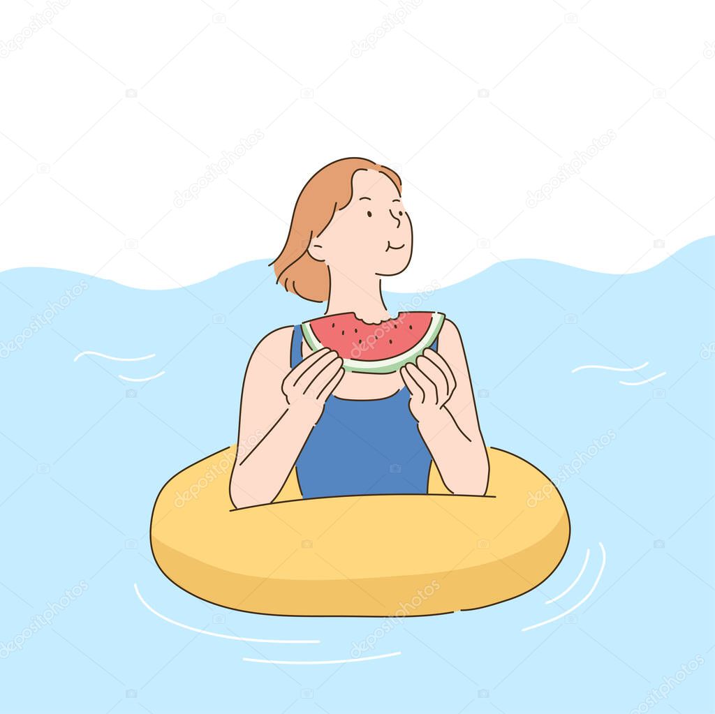 A woman eating a watermelon on a tube in the sea. hand drawn style vector design illustrations. 