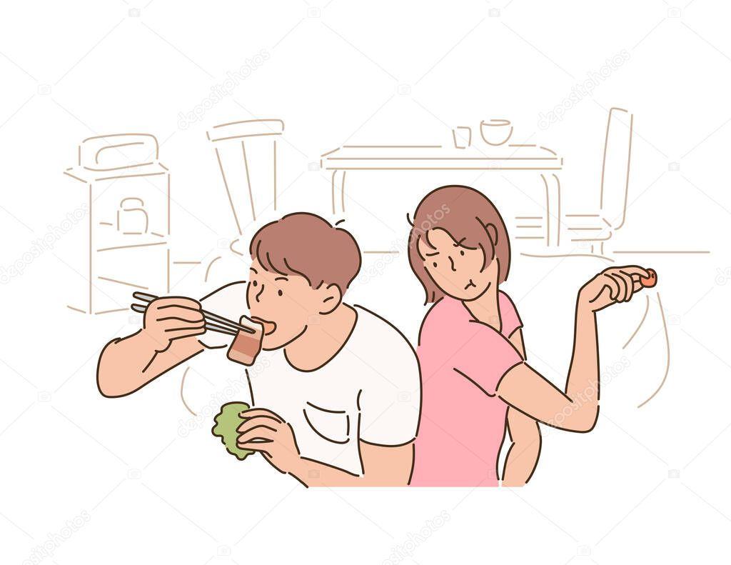 The boyfriend is enjoying the meat and his girlfriend is staring at him. hand drawn style vector design illustrations. 