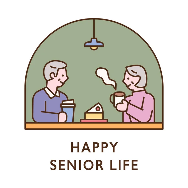 Una Pareja Ancianos Está Comiendo Café Pastel Café Diseño Plano — Vector de stock