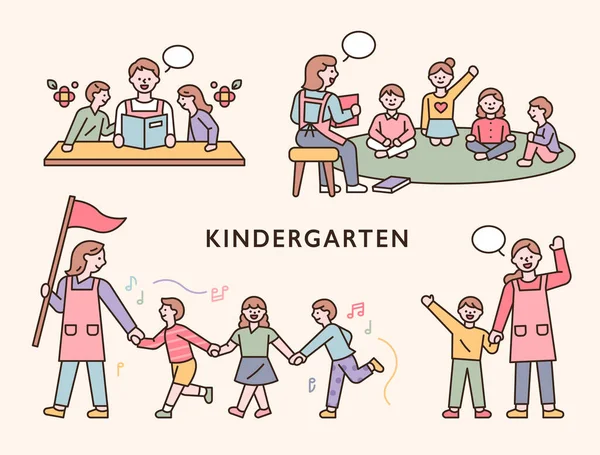 Enseignants Enfants Maternelle Illustration Vectorielle Minimale Style Design Plat — Image vectorielle