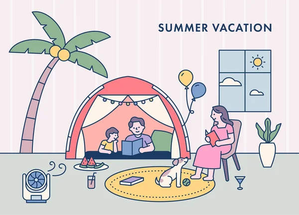 Famille Installe Une Tente Dans Maison Profite Ses Vacances Illustration — Image vectorielle