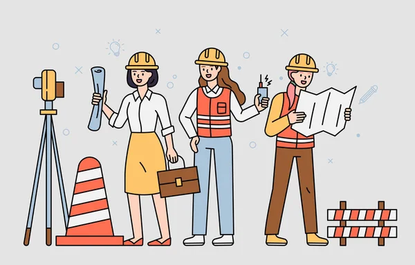 在建筑工地工作的女性专业人员 平面设计风格最小矢量插图 — 图库矢量图片