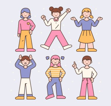 İnsanlar çeşitli jestler yapıyor. düz tasarım biçimi asgari vektör çizimi.